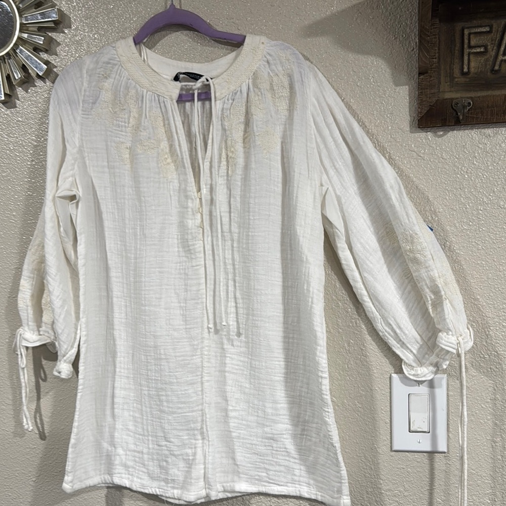 Zara Cream Blouse with Tie Front and 3/4 Sleeves